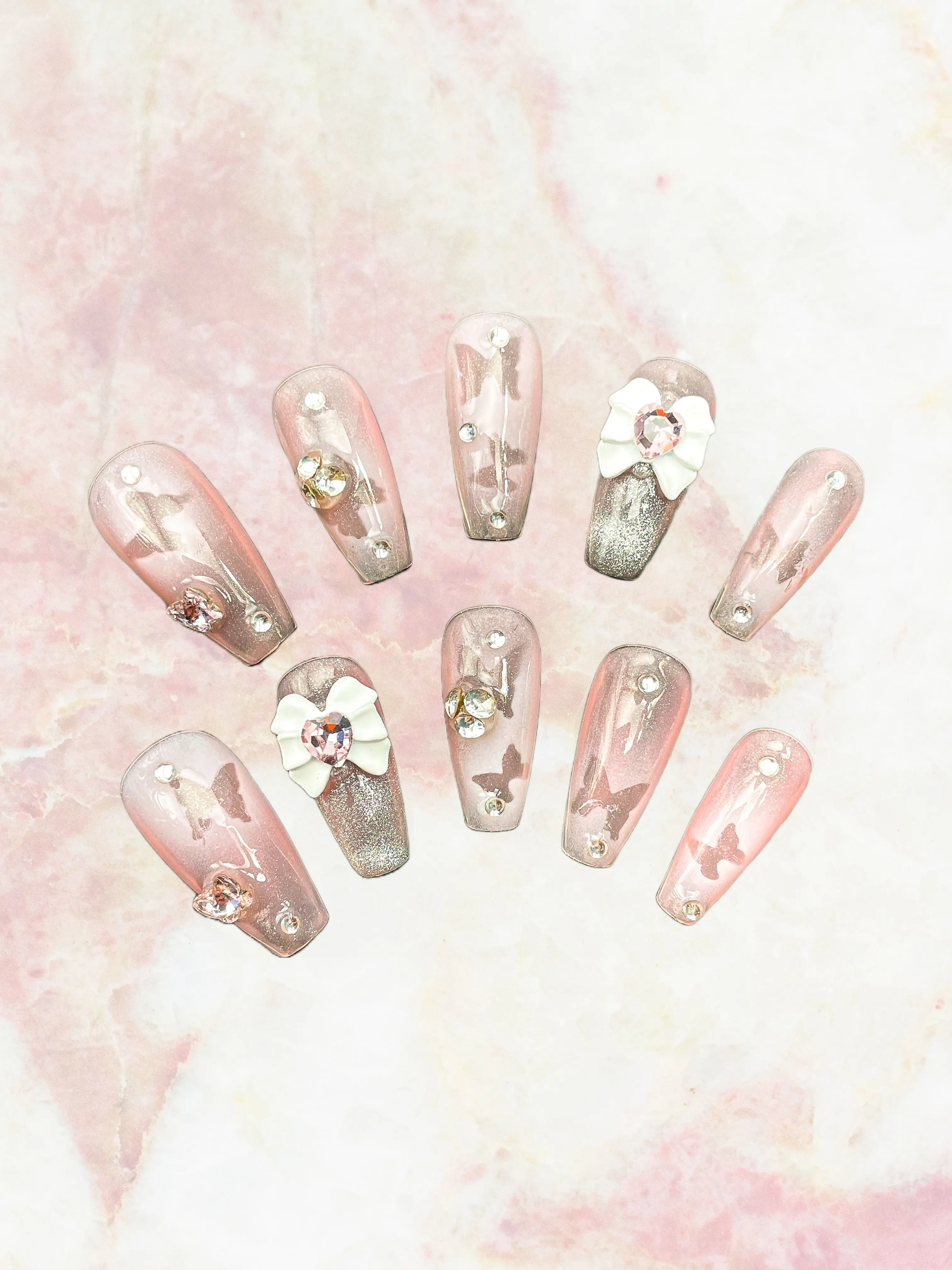 Kandy Klaws | Pink Butterly White Bow Acrylic Press On Nails | Cute Glue On Nails | Coffin Fake Nails 22mm | Handmade | Press Ons with Charm | Trendy Summer Nails