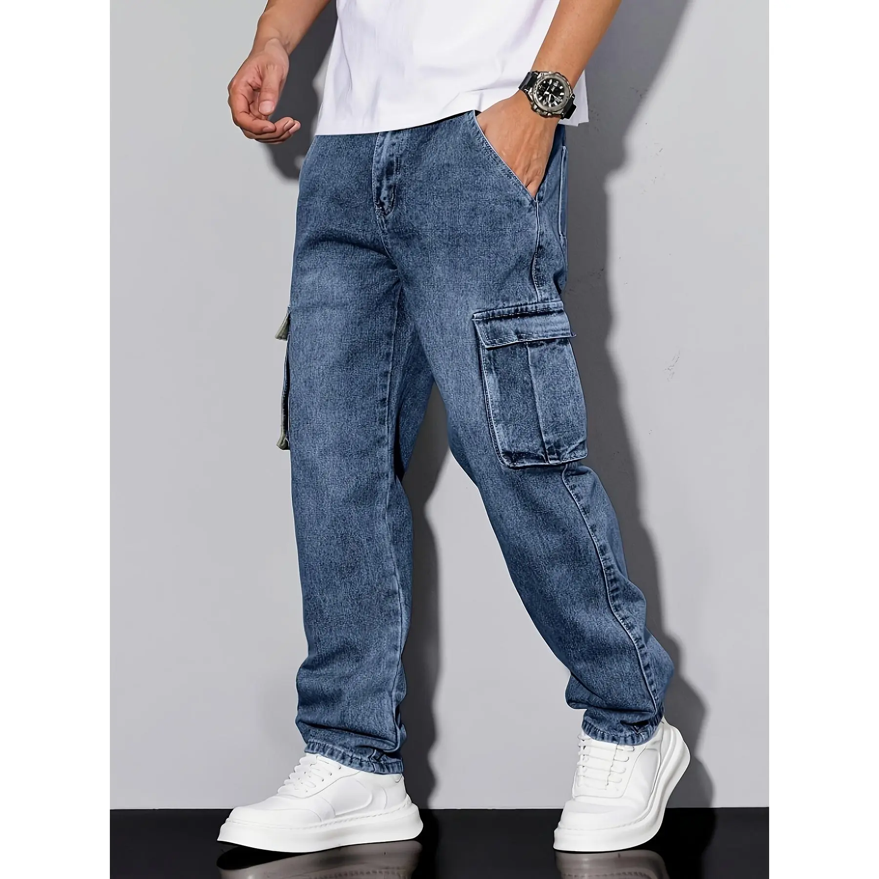 1 pair of men's loose work pants, six-bag design, multi-functional jeans, solid color, non-elastic.