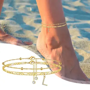 Gold Initial Anklet for Women, Double Layer CZ Letter Anklet with Cuban Link Chain and Beaded Chain, Adjustable Alphabet Ankle Bracelet, Summer Beach Vacation Jewelry