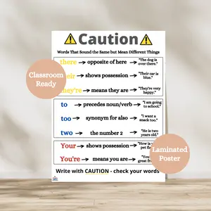 Homophones Anchor Chart | Commonly Confused Words Classroom Poster | ELA Grammar Anchor Chart for Teachers | Laminated Educational Wall Decor