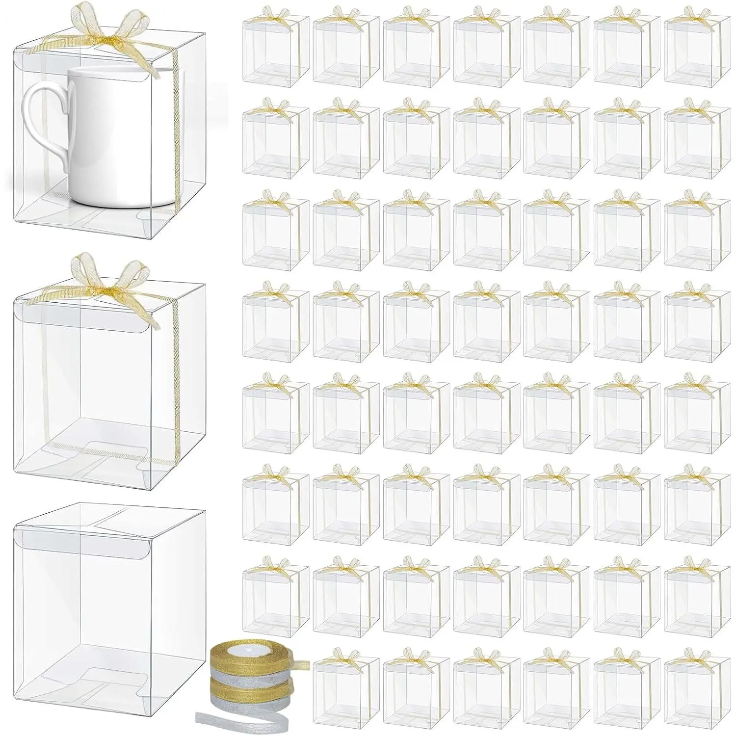 55 Pcs Mug Gift Boxes with Ribbon 4.9 x 4.3 x 4.1 Inch Clear Packaging Box for Tumblers and Mugs Compatible with 11oz 12oz 15oz 20oz 30oz 40oz