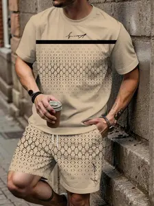 Men's Spring Summer Casual Short Sleeve Set, Houndstooth Signature Print, Trendy Shorts Set, Breathable Sporty Style, Perfect Gift