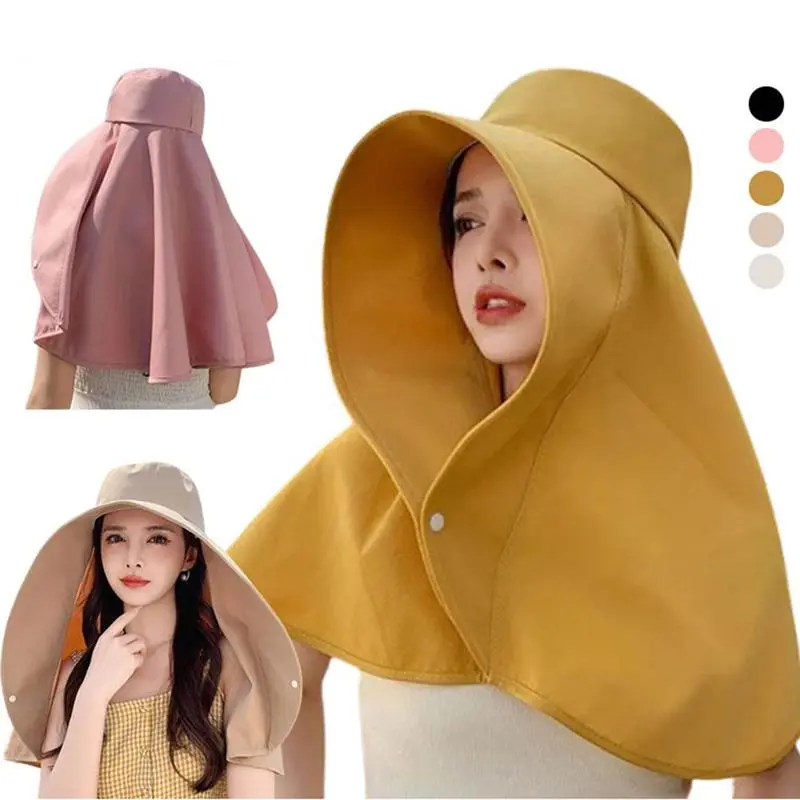 Unisex Wide-Brimmed Solid Color UV Protection Clothing Sun Hat - Adjustable, Lightweight, Breathable, Long Shawl Neck Flap & Button, Long Back Coverage Wearable Hands-Free Canopy for Hiking, Biking, Outdoor Wear, Beach Hat