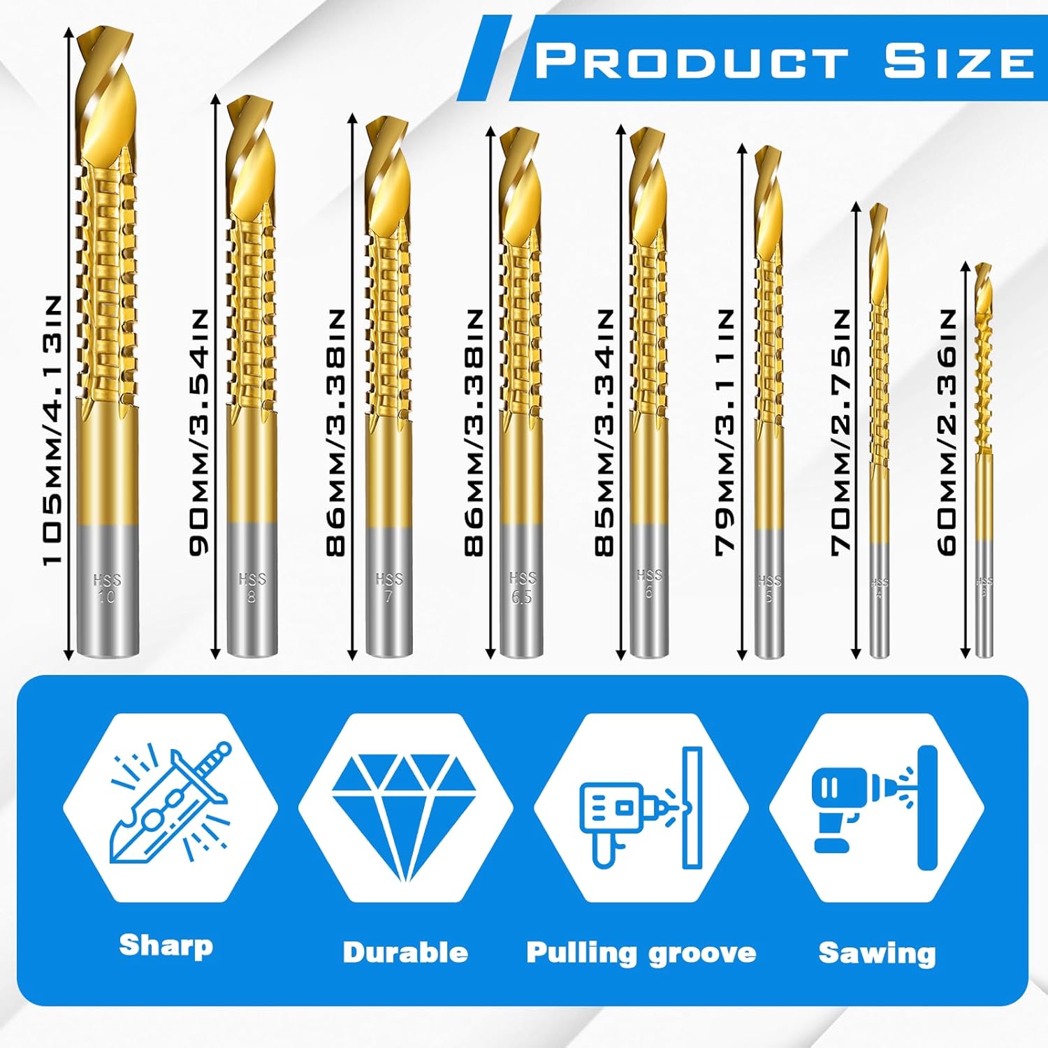 8 Pack Titanium Coated HSS Twist Drill Bits, 3-10mm Serrated Side Cutting Drill Bit, Hex Shank Serrated Cutting Drill Bits, Drill Bit Woodworking Tools, Hole Holesaw Tool for Plastic Metal Wood Hole
