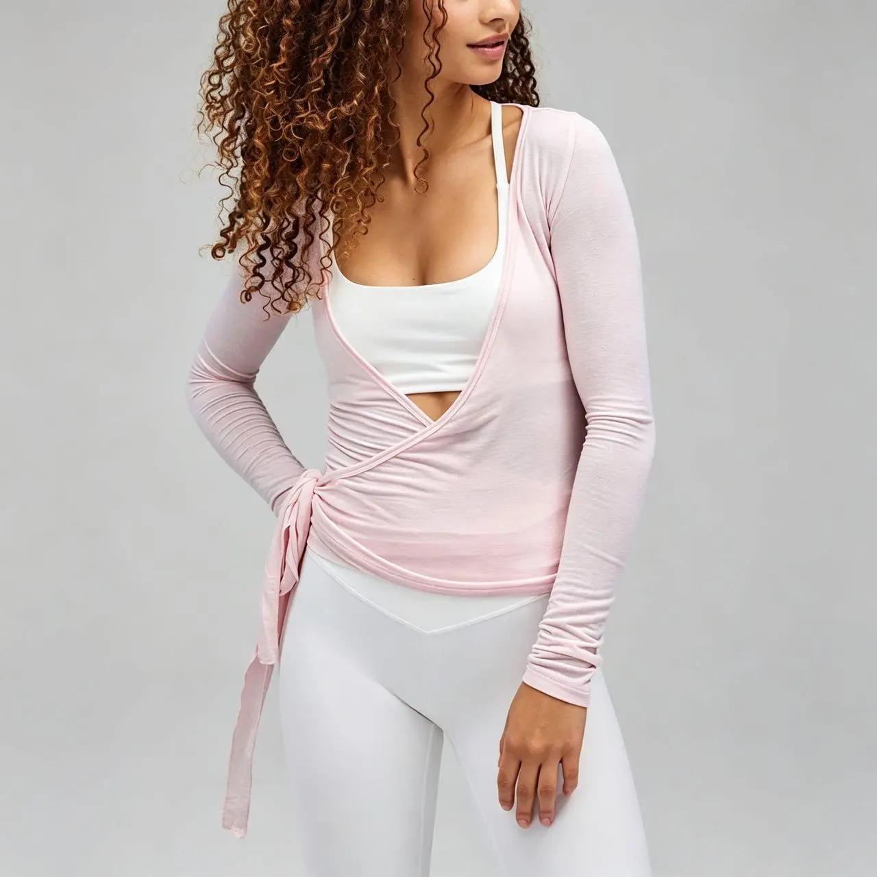 Lunvique Women's Pilates Wrap Tops V-Neck Cross Tie Long Sleeve Shirt for Ballet Dance Yoga Workout