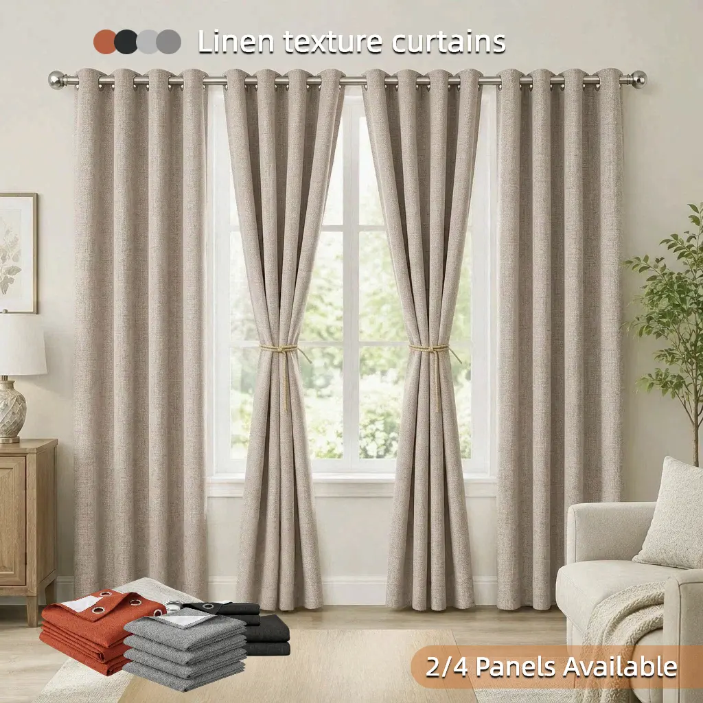 2/4 Panels Available Linen Textured Curtains , 95% Blackout for Bedroom Living Room, Modern Style Window Drapes with Natural Drape