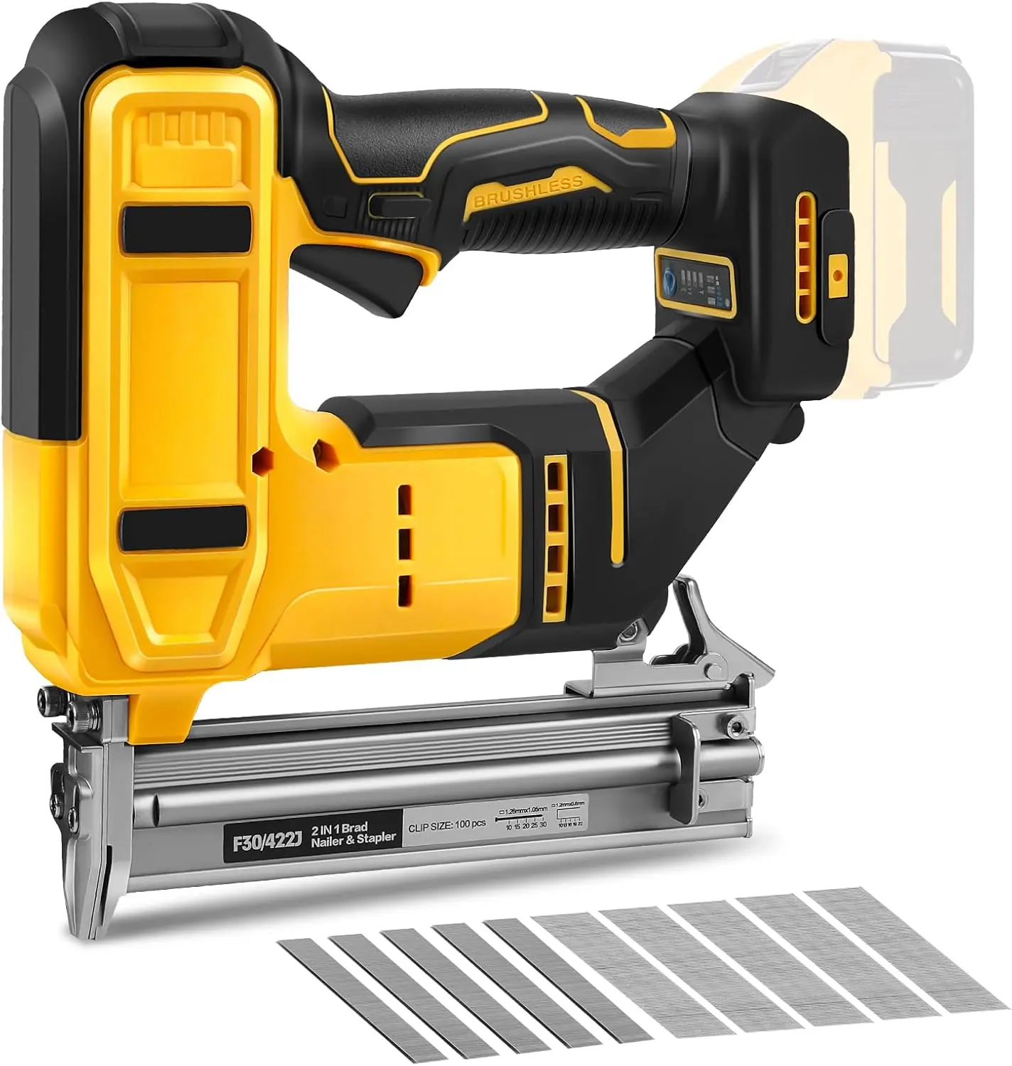 QUEP 2-in-1 Cordless Dual Mode 18 Gauge Brad Nailer-Narrow Crown Stapler Nailgun (Tool Only, No Battery), Dewalt 20V MAX Battery Compatible, W/1000 Brads, 1000 Staples for Wood Carpentry Furniture Power Tools Hardware