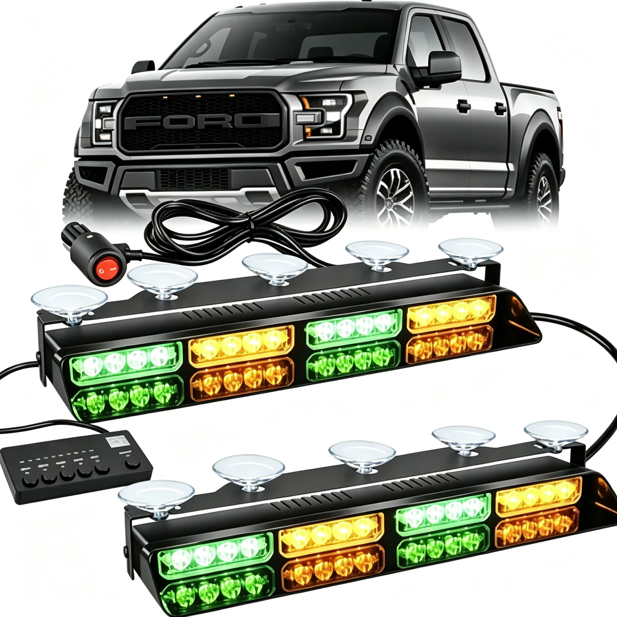 32-LED Amber/Green Dual-Color Dash Strobe Light Bar, Split-Mount Interior Windshield Warning Light for Trucks, Car Parts for Sale (Includes Controller, Suction Cups)