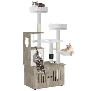 Yitahome Cat Tree with Litter Box Enclosure, 2-in-1 Cat Furniture, Modern Cat Condo, Cat Tower with Wood House, Perch, Food Station, Hammocks, Scratch Post, Hair Brush, 59 Inch