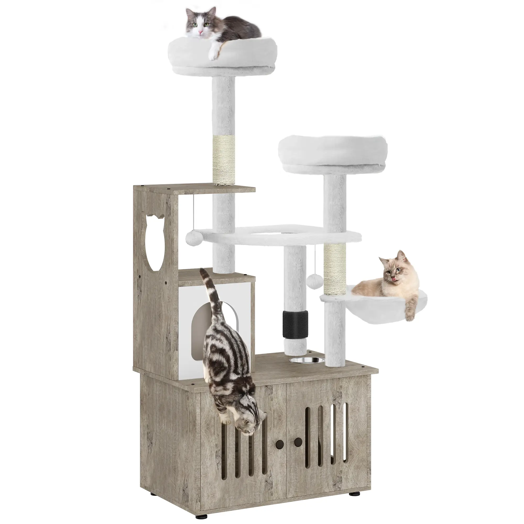 Yitahome Cat Tree with Litter Box Enclosure, 2-in-1 Cat Furniture, Modern Cat Condo, Cat Tower with Wood House, Perch, Food Station, Hammocks, Scratch