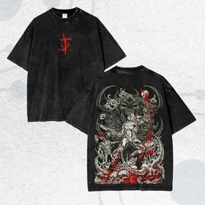 Doom Slayer Hell Demon Video Game T Shirt Retro Washed Black Cotton Inspired Print Short Sleeve Crewneck Casual Oversized Streetwear Top for Adults