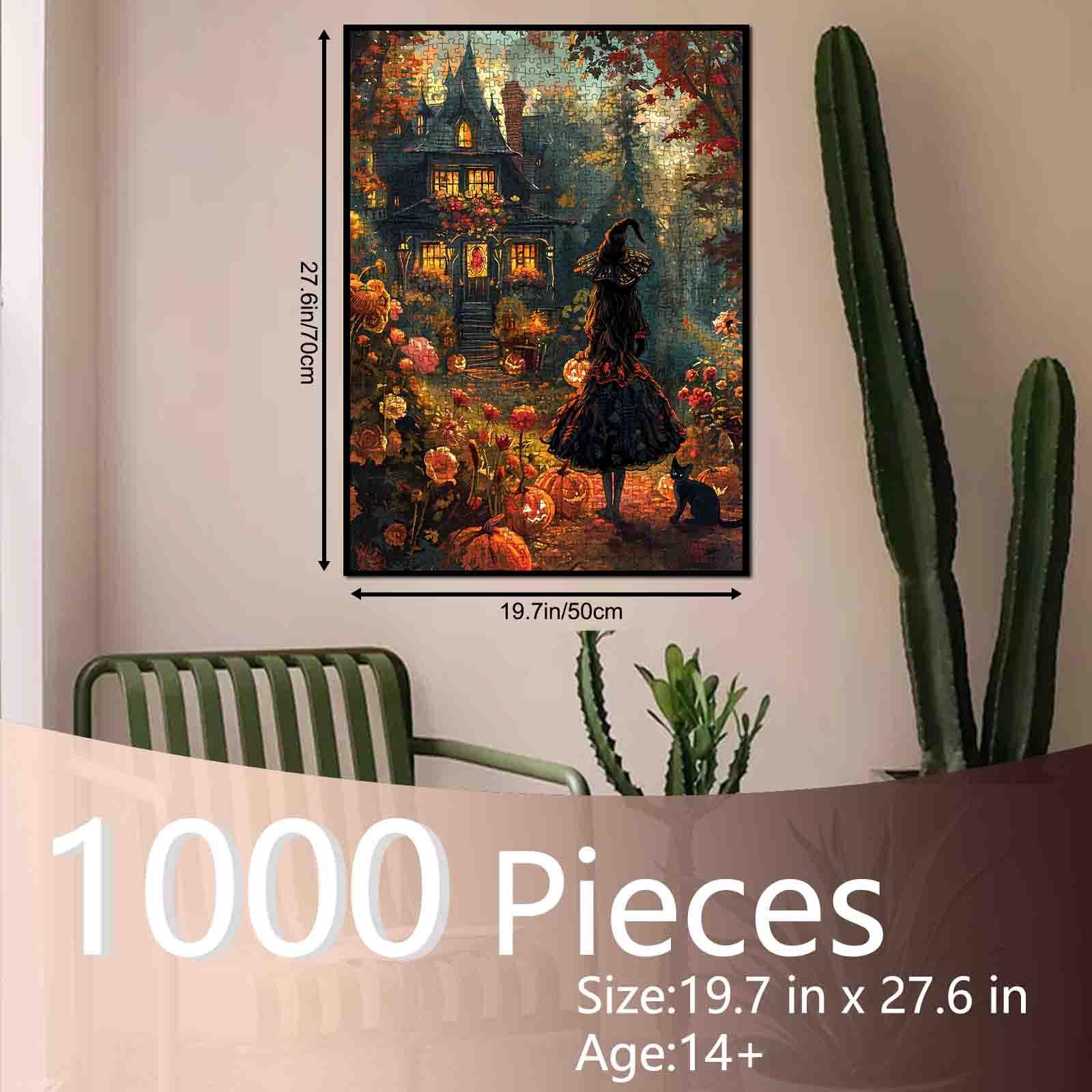 Tucocoo Gothic Halloween Cottage 1000 Pieces Jigsaw Puzzle Enchanted Witch House Autumn Pumpkin Garden Black Cat Fantasy Art for Adults, Family Game Night, Stress Relief, Relaxation, Brain Challenge, Wall Decor Gift for Women Seniors, 27.5x20inch(70x50cm)