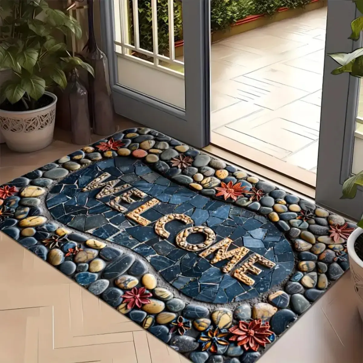 [Indoor Outdoor Non-Slip Doormat] Wooden Stone Pattern Welcome Doormat Non-Slip Floor Mats Indoor Outdoor Entrance Carpet Home Decor