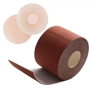 FLANCCI Boob Tape Boobytape for Breast Lift | Achieve Chest Brace Lift & Contour of Breasts | Sticky Body Tape for Push up & Shape in All Clothing Fabric Types with 2 pcs Nipple Covers (2” / Brown)