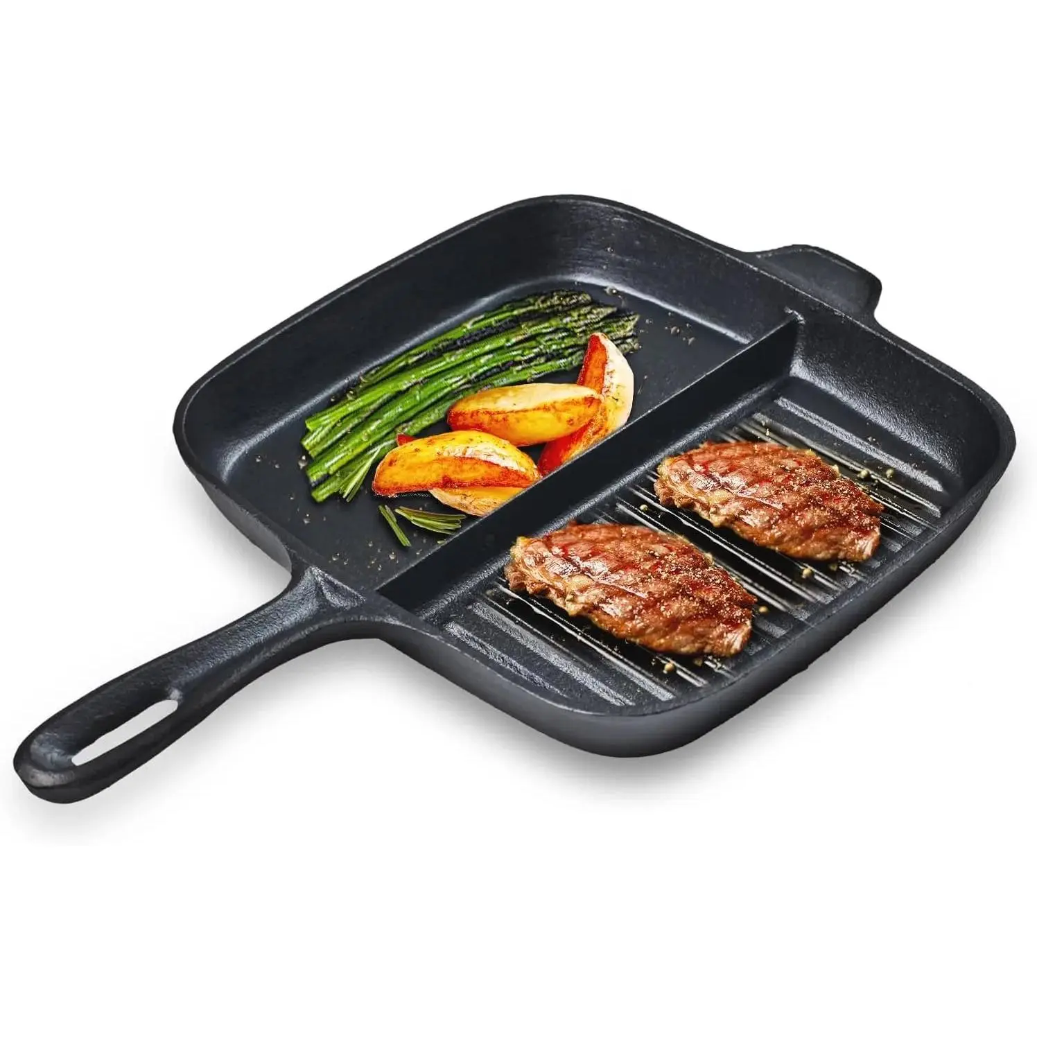 11-in Pre-seasoned Uncoated Cast Iron Divided Skillet - 11x10 in Double-Area Pan with Textured Sides, Integrated Cast Handle & Versatile Compatibility for Cooking