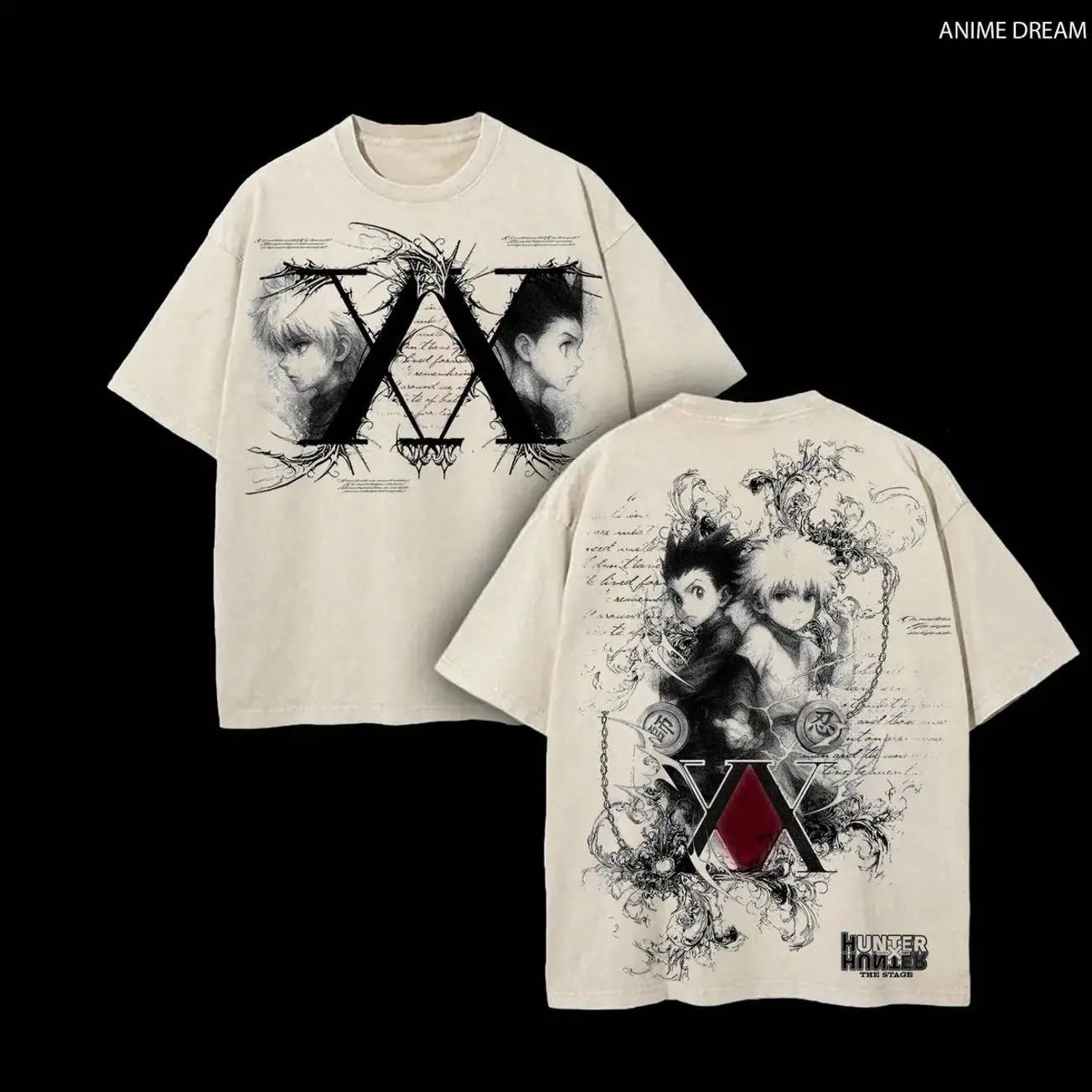Killua x Gon Hunter x Hunter Anime Double Printed Vintage Washed Tee Unisex Oversize Heavyweight Cotton T-shirt for Anime Fans and Lovers DJC
