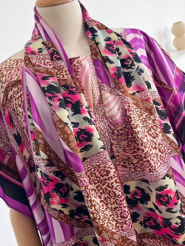 Women's Leopard Print Long Sleeve Kimono & Bandana Set, Casual Open Front Outerwear & Square Scarf Set for Beach Vacation Swimwear Cover Up, Ladies Clothes Accessories for All Seasons