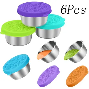 6Pcs Dressing Container to Go,Stainless Steel Small Container with Lid,Reusable Small Condiment Containers,Leakproof Silicone Lids,for  Picnic,Travel,Lunch box