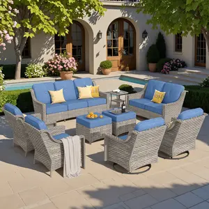 9 Pieces Outdoor Patio Furniture Set, Rattan Wicker Sectional 3-Seat Sofa & 2-Seat Safa,Swivel Rocker Chairs Sets with Armchaires,Ottomans And Coffee Table,Waterproof & Modern Design
