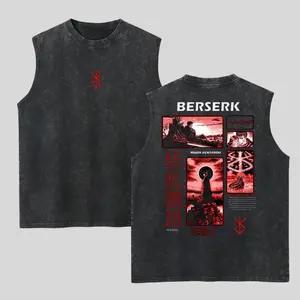 2-sided Berserk Washed Tank Top, Gym Essential, Vintage Casual Crewneck Sleeveless Menswear T-shirts Classic Cotton Fabric Streetwear