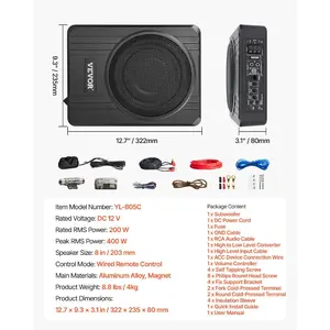 VEVOR 8 400W Underseat Car Subwoofer, Slim Powered Car Subwoofers Under the Seat, Low Profile Audio Sub Built-in Amplifier, High/Low Level Input Volume Controller for SUVs, Car, Truck, RV