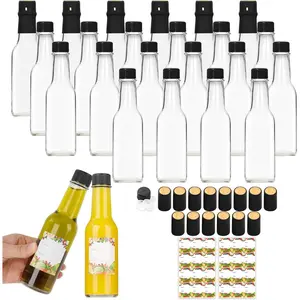 24 Pack Hot Sauce Bottles 5oz, Empty Clear Glass Woozy Bottles with Leak-Proof Black Screw Caps, Dripper Inserts & Shrink Capsules - Perfect for Homemade Sauces, Oils & DIY Crafts