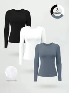 Women's High Elasticity Slim Fit Sports Top, Casual Long Sleeve Round Neck Tee for Gym Running, Quick-Dry Activewear for Spring & Fall, Athletic Fashion Activewear, Workout T Shirt