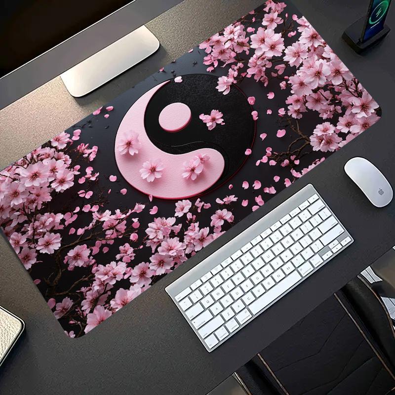High Quality 1Pc Large Yin-Yang Cherry Blossom Gaming Mouse Pad With Non-Slip Rubber Base, Pink & Black Japanese Design - Oversized Desk Mat For PC, Computer, Office & Gaming Setup, Washable Surface, Ideal Gift For Gamers & Professionals