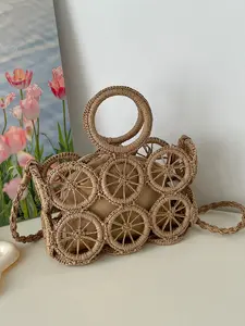 Women's Woven Grass Satchel Bag, High-Quality Summer Beach Handbag, Cute Drawstring Closure Large Capacity Purse for Travel