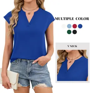Funlingo Women's Cap Sleeve V Neck Tops Dressy Casual V Neck Shirts Summer Loose Work Blouses for Business Office