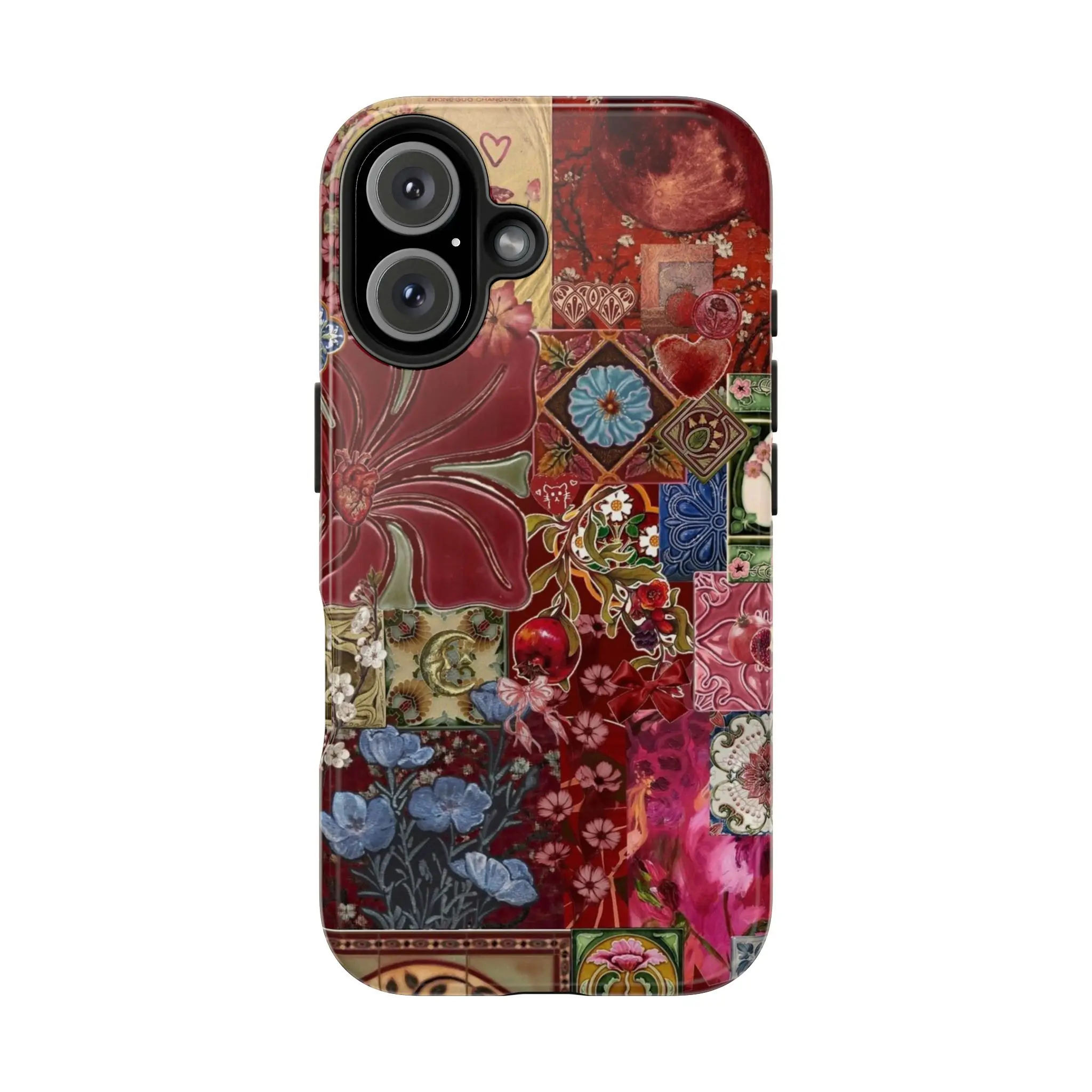 Vintage Tiled Botanical Phone Case for For Samsung S25 24 23 iPhone 17 16 iphone 15 pro max case 14, iphone 13 cases, 12, Vintage Boho Patchwork Floral Case, Pomegranate & Floral Tile, Vintage Aesthetic Phone  Cover, Girly Floral Tough Case, Waterproof