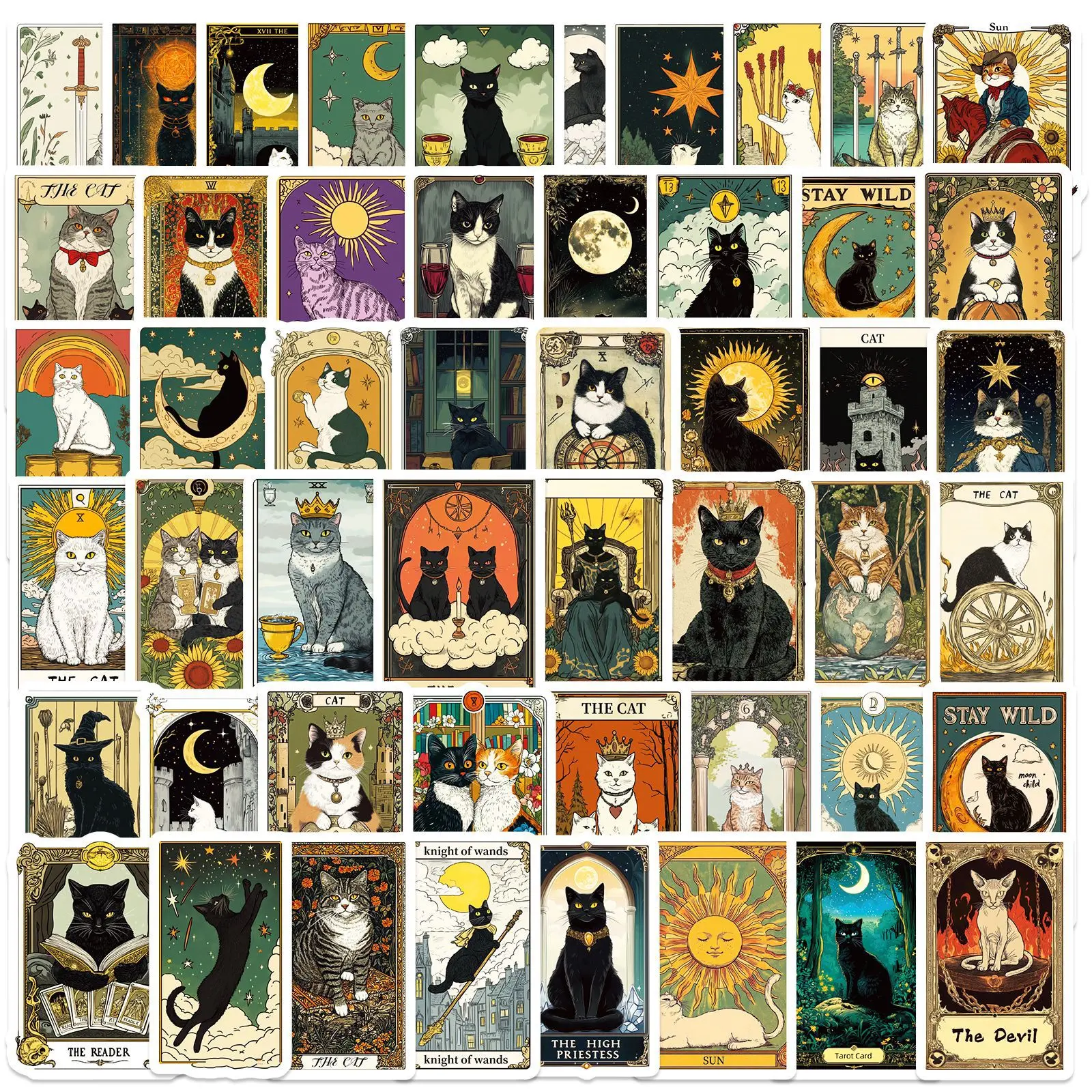 50pcs Cat Tarot Series Stickers, Sticker Decals, Decal Set, Suitable for Faith Based Designs Such As Scrapbooks, Diaries, Laptops, Water Bottles, Cars, Etc., As Gifts with Positive Information