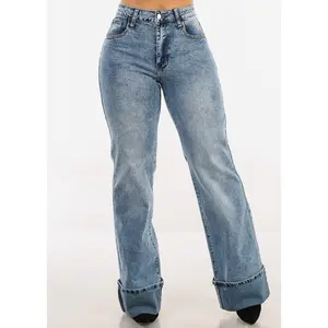 Stretchy High Waist Cuffed Wide Leg Jeans Acid Wash