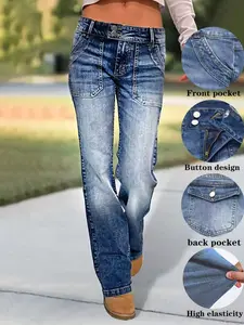 Women's High Elastic Denim Wide-Leg Pants, Fit, Dual Buckle Waist Design, Comfortable and Stylish Jeans for Daily Wear