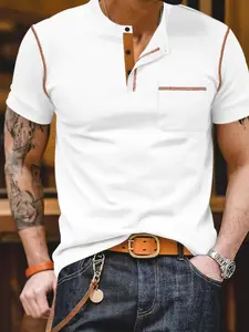 New Summer Men's Short-Sleeve Quick-Dry American-Style Plain Fitted Henley Polo Shirt