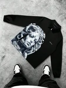 Men's Casual Streetwear Vintage Angel Print Zipper Jacket, Fitted Long Sleeve Lightweight Fall, Perfect Gift for Friends Husband Boyfriend