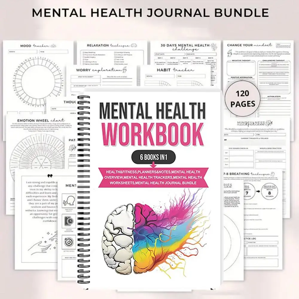 Mental Health Workbook 120 Pages - 6 Books in 1 - Attachment Theory Guide Abandonment Anxiety Recovery & Relationship Depression Support - Relaxation Techniques Mood Tracker Planner - Funny Gift
