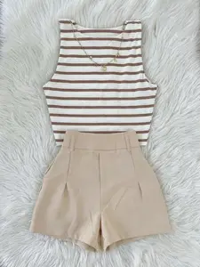 Women's Brown and White Striped Sleeveless Vest + High-Waisted Suit Shorts Set, Casual Slim-Fit Two-Piece Outfit, Essential Daily Commute Wear