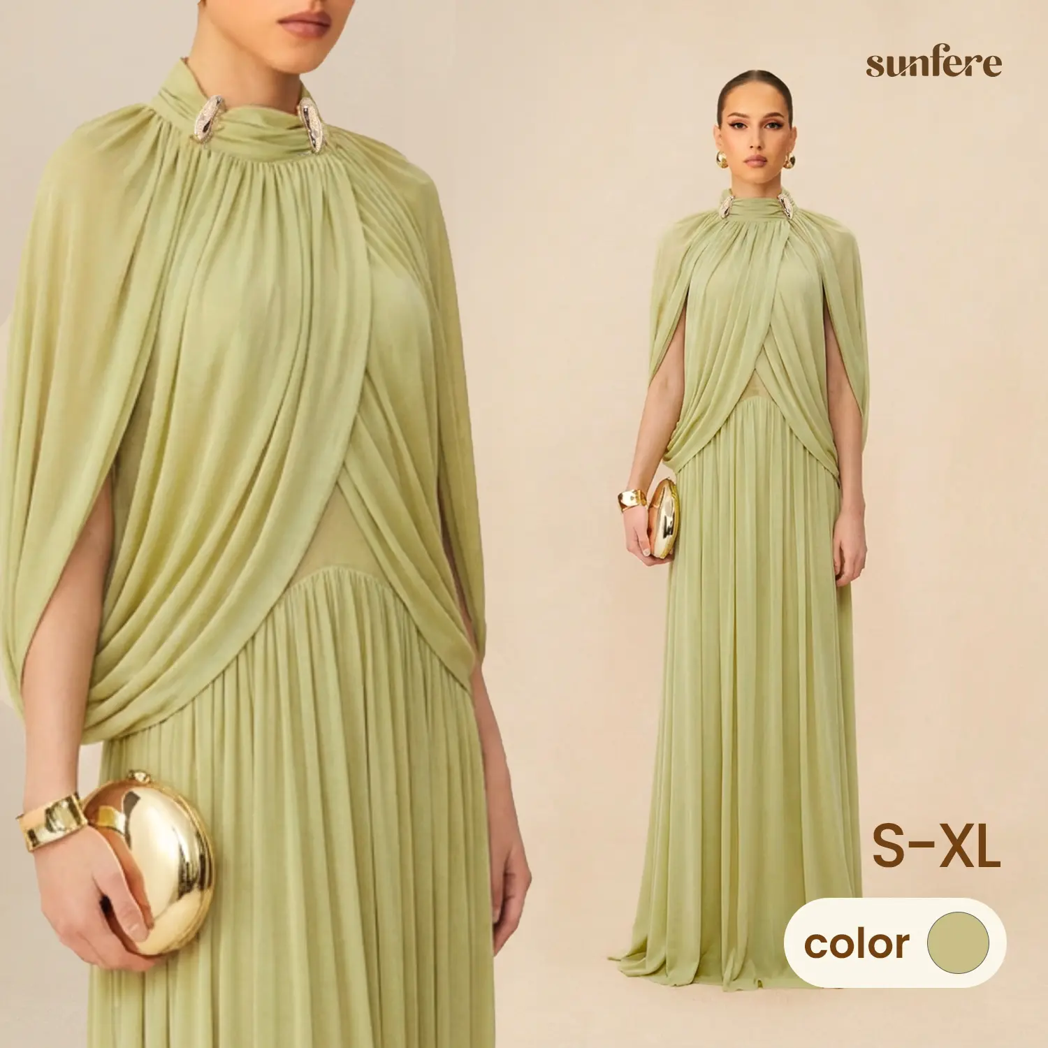 Sunfere Green Cape Sleeve Knit Maxi Dress - High Neck Hardware Detail Pleated Elegant Modest, Eid Dress Evening Dinner Family Gathering