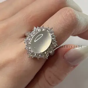 Luxe Halo Chalcedony Ring - Certified, Adjustable, 925 Sterling Silver, Elegant Design, High-Quality Material