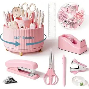 Pink Desk Organizers and Accessories Set with 360-Degree Rotating Pen Holder, Tape Dispenser, Stapler, Staple Remover, 1000 Staples, Tape, Clips Set, Ruler, Scissor, Pen