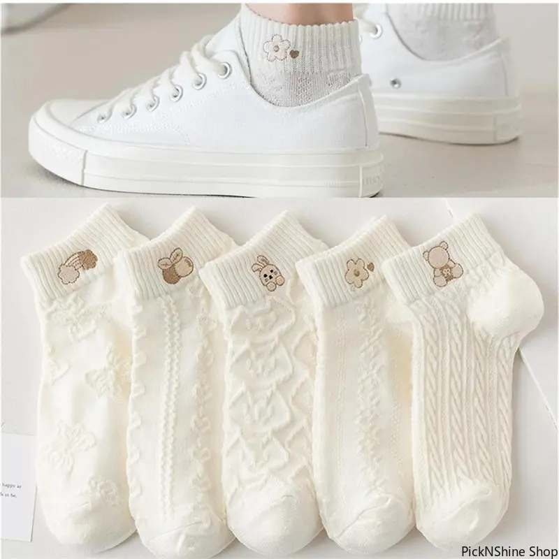 Women's White Knitted Low-Cut Ankle Socks - Breathable, Cute Rabbit All Over Print, Rainbow Motif - 5 or 10 Pairs Fashion Accessory Set for Spring Summer Daily Wear, Knitted Socks, White Ankle Socks