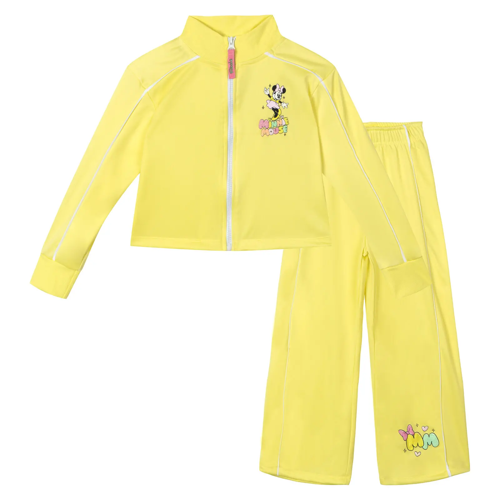 Disney Girls' 2-Piece Tricot Tracksuit, Glitter Minnie Print Zip-Up Jacket and Joggers with Elastic Waistband, Toddler to Big Kid, Glitter Fabric