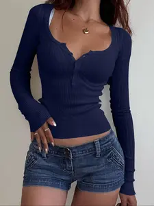 Women Long Sleeve Top Deep V Neck Ribbed Knit Slim Fit Stretch Fabric Bodycon Button Front Low Neckline Versatile Soft Breathable Curve Hugging Elastic Cuff Collarbone Highlight Fall Winter Essential Casual Commuter Layering Street Style Outfit, Knitwear