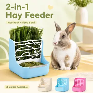2 in 1 Food Hay Feeder for Guinea Pig, Rabbit Feeder, Indoor Hay Feeder for Guinea Pig, Rabbit, Chinchilla, Feed Bowls Use for Grass & Food（Off-white、Blue、Pink）