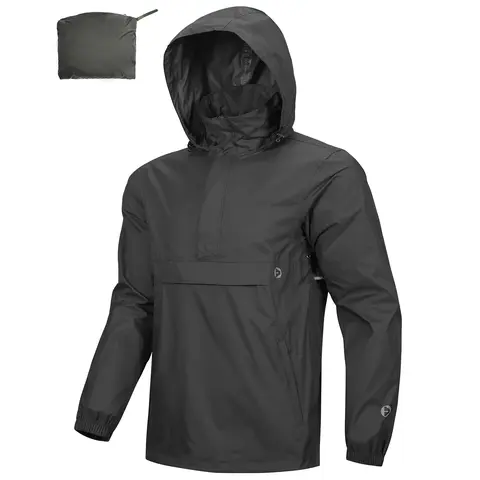 Outdoor Ventures Men's Hooded Waterproof Lightweight Packable Rain Pullover Jacket - Waterproof Outdoor Wear, Wind-Resistant Outerwear for Hiking, Biking, Running