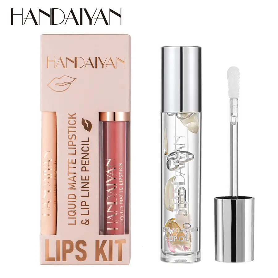 HANDAIYAN Lip Makeup Kit, Matte Liquid Lipstick & Lip Liner Pencil Set + Floral Nourishing Clear Lip Oil, Long Lasting Waterproof Lip Combo