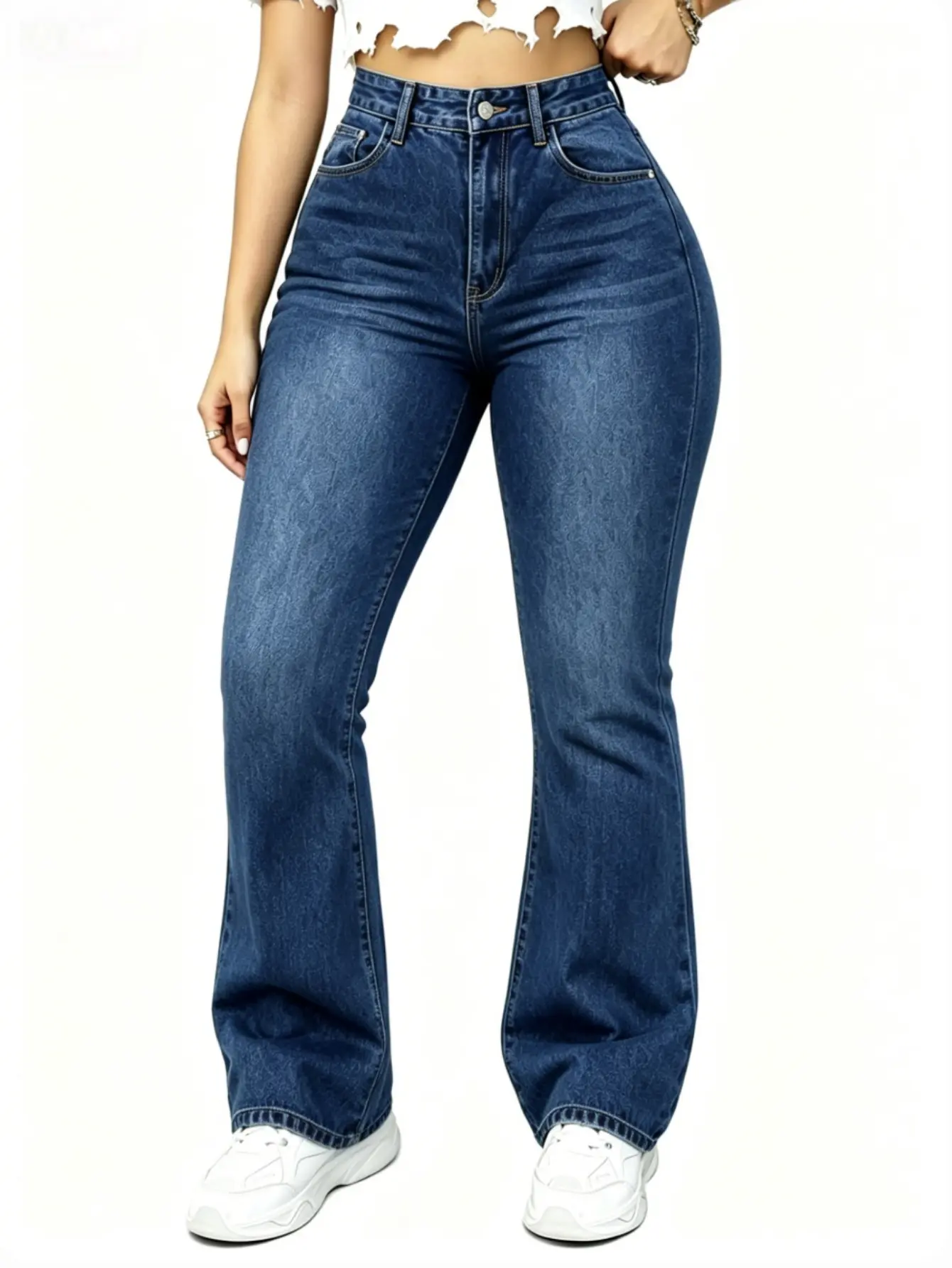Women's WH56 High-Waisted Elastic Denim Bottoms - High-Stretch Classical Flared Bootcut Jeans with Pockets, Comfortable Flattering Slim Fit for Multi-Season Wear