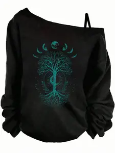 Women's Off-Shoulder Slouchy Sweatshirt, Moon Phase Tree of Life Print, Oversized Pullover, Boho Occult Graphic, Aesthetic Casual Top
