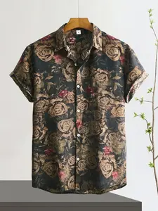 Men's Floral Print Button Front Button Up Shirt, Loose Boho Casual Short Sleeve Collar Top for Summer, Men's Clothes for Beach Vacation